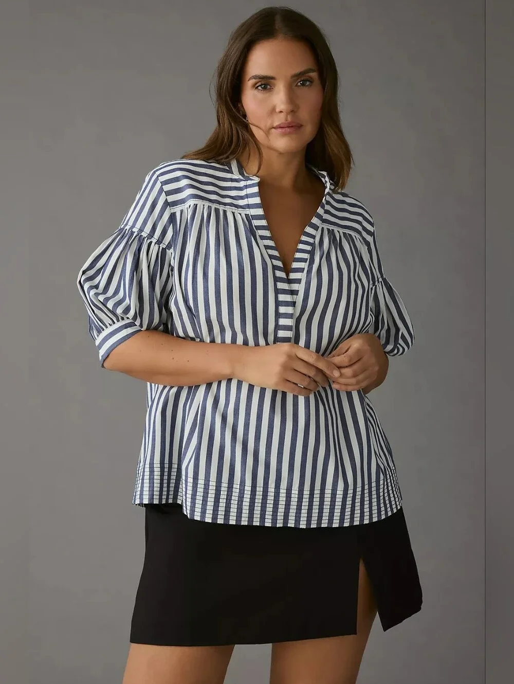 Anthropologie 100% Cotton Navy and White Striped Puff-Sleeve Blouse Size 1X
